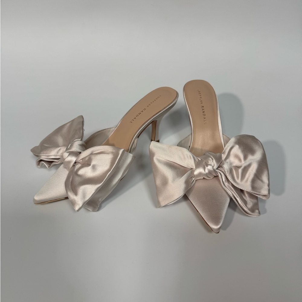 Loeffler Randall Margot Cream Satin bow mules.